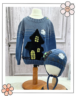 Spider hat with ear flaps beside the matching Ghost House jumper, kids Halloween hat and jumper knitting patterns - jumper pattern sold separately