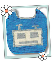 Robot baby bib knitting pattern, blue knitted bib with a cream and silver robot face and silver ties, on a pink background