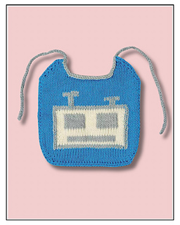 Free baby bib knitting pattern with robot motif by Jane Burns