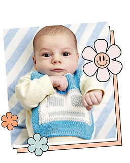 Baby wearing a blue knitted robot bib, a quick DK knitting pattern and a lovely new baby gift - free knitting pattern