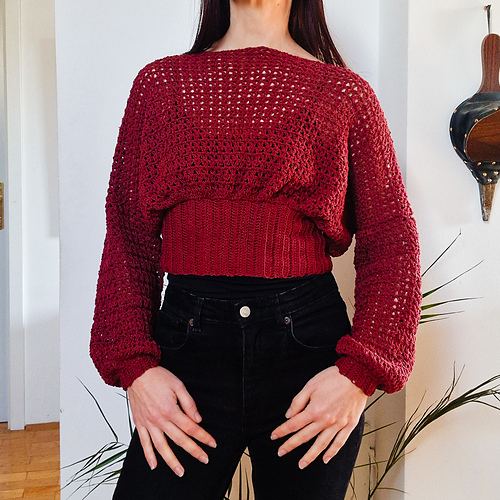 Crochet Cropped Bishop Sleeve Sweater