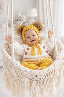 Soft yellow and white Merino wool baby outfit with heart details.