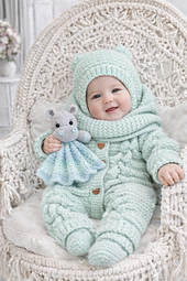 Knitting pattern bundle for babies featuring a light blue hand-knitted romper with braided cable design and wooden heart buttons, matching bonnet with ties, cozy booties, and a cute crochet mouse comfort toy. 
