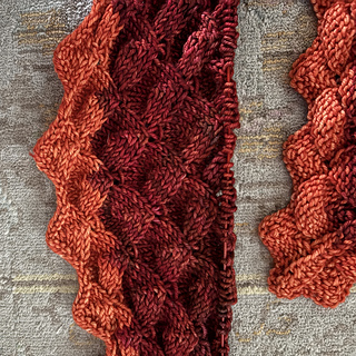 The left knit stitches piece is the side you look at as you work, the purls are on the back but will be the final public/RS