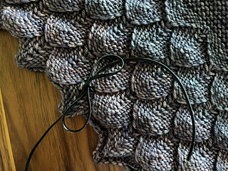 To get the (temporary) shrug effect I used a leather lace tied through the upper slipped stitch of the lowest Scale (point). I placed 2 for each 'arm' at Scales #4 & 9 - in from short edge.