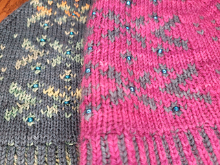 Doubleknitting colorwork in the round with added beads make this hat extra special and sparkly