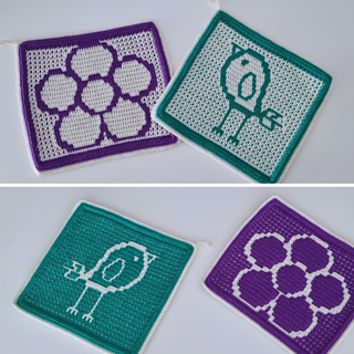 Mosaic Tweety Bird and Blossom Potholders - Back of Work vs Front of Work