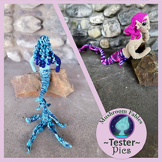 Tester pictures by @Catie.Perry1 (Blue Mer) & @ThingTwo58 (Purple Mer) © Mushroom Fables Crochet