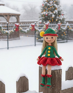 Digital mockup of the crochet toy styled in a Christmas scene. Actual handmade toy shown in other photos