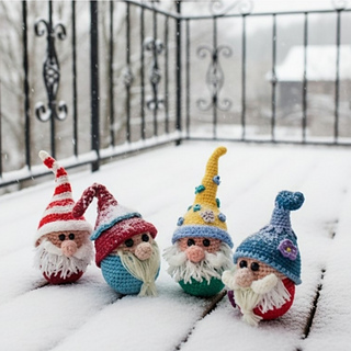 Digital mockup of the crochet toy styled in a snowy scene. Actual handmade toy shown in other photos 