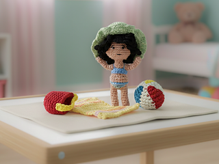 photo shows the real handmade crochet doll displayed on a digitally edited background for presentation purposes

