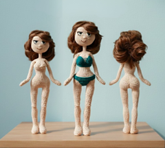 photo shows the real handmade crochet Doll displayed on a digitally edited background for presentation purposes