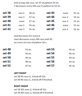 These are my decreases for left and right front, my sweater will be 5 inches shorter then original pattern, these sets will work form my pattern.
