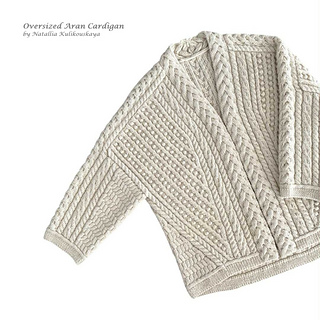 Oversized Aran Cardigan showcase the sophisticated harmonious composition where each pattern element plays its part — vertical stability, diagonal flow, and horizontal calm — creating a piece that is both visually striking and effortlessly flattering. A strong vertical cable runs down the center front, creating a defining focal point that lengthens and structures the entire silhouette. Flanking this centerline, diagonal Aran stitch sweep gracefully across the shoulders and upper chest, creating dynamic movement and drawing the eye outward. Below, the soft Herringbone pattern at the hem grounds the design with quiet elegance, anchoring all the movement above it. 

