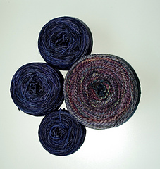 2.5 skeins of Malabrigo Rios in Cowboy and 1 skein of Funky Chunky (colourway is not named)