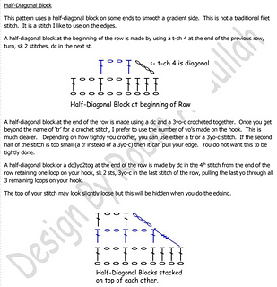 How I create a half-diagonal block in filet.  The diagonal stitch is different depending on the beginning or end of the row.