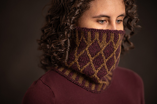 Worsted Cowl in Size 1, worn with 3" (7.6cm) of negative ease, knit in Harvest Hues Worsted in Elder and Flax.