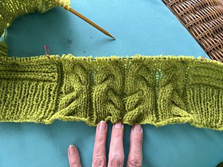 Instead of having all the cables on the back be the same, i mirror imaged them in pairs so that the long bit kisses the long bit across the separating purl stitches.  