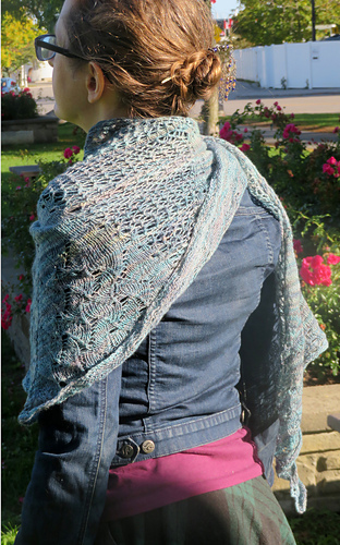 Image Description: a person wearing a pale blue lace shawl over their shoulder and around their neck.  The shawl has  mesh starburst pattern with a lace pattern at the bottom edge. 