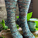 Image Description: a pair of ribbed lace socks knit in a multicolour variegated yarn
