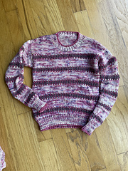 Final version after removing sleeves and pitching up more sleeve articles then doing an additional repeat decreasing down to the 38 stitches on sleeve then grafting the sleeve back to body, 