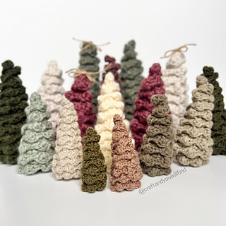Evergreen Holiday Trees crochet pattern is written for super bulky yarn but can also be made in bulky, worsted, and DK yarns
