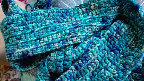 Version, now frogged, using 4.5 hook, I think. A bit firm. Redone later using a bigger hook.