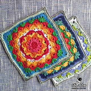 Floral granny square design inspired by a dahlia flower, featuring rounded petals transitioning into a square shape.