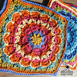 Crochet flower granny squares arranged together for a colourful blanket or afghan