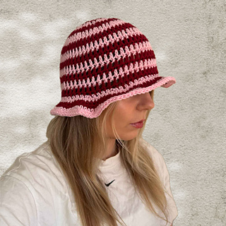 Light pink and burgundy striped crochet bucket hat