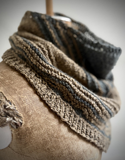 Abbreviated Cowl:

Rowan Felted Tweed
"Carbon" #159

Queensland Kathmandu DK
"Oyster Shell"
