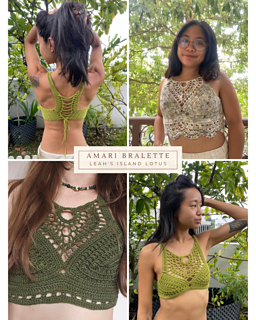 More examples of the Amari Bralette crochet top in the various shades of green. 