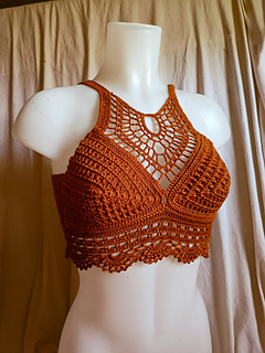 The Amari Bralette croche top featuring a halter neckline and lace edging, with textured stitches for the bust section. 