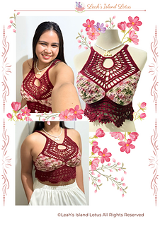 Tester photos for the Amari Bralette in red and multi-colored yarn. 
