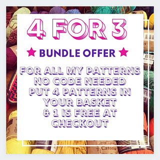 my standard bundle offer, if you buy 3 patterns at a time, you get 1 extra for free. valid on all my patterns!