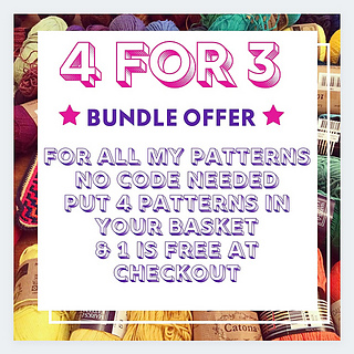 my standard bundle offer, if you buy 3 patterns at a time, you get 1 extra for free. valid on all my patterns!
