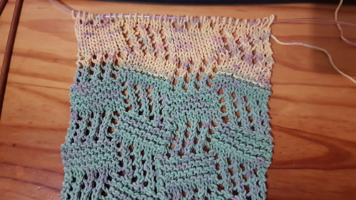 Testing stockinette squares (top) vs garter squares (bottom)