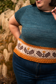 Model wearing size 54" with 4" positive ease Model wearing size 54" with 4" positive ease and optional embroidered dandelion heads