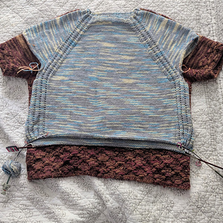 The brown Azalea top is a size small. The Mellow Mood is a 3XL + 2 additional rounds of increases. The math mathed on the gauge calculation for the thinner yarn.