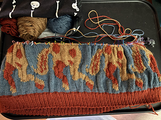 Progress on 1/1/26. Rippling is a combination of wonky floats and being a tight knitter. Hoping fixing my floats and blocking will help.