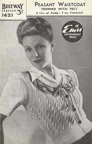 The Bestway original pattern 1421 refers to this as a ‘Peasant Waistcoat’ on the cover, but as a ‘Tyrolean Waistcoat’ inside.