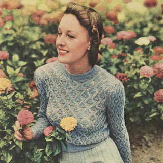 ELINOR: Just the right kind of jumper for early autumn days, this pretty design is worked in a new diamond-stitch, in a soft blue shade. The high neckline makes it last-minute fashion news.