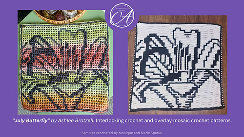 Interlocking crochet sample by Monique; overlay mosaic crochet sample by Marie Sparks