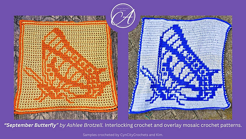 Interlocking crochet sample by CynCityCrochet; Overlay mosaic crochet sample by Kim