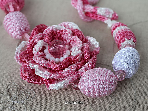 Crochet beads necklace with flower + knitted cords photo 1