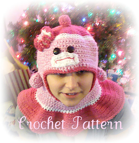 515 Sock Monkey Hat with attached neck warmer photo 2