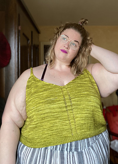 58.5" garment on 56" bust, body knit to 11", straps knit to 3"