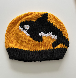 Orca Hat. Size 12m. Duplicate stitch finish.