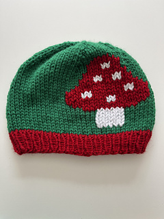 Mushroom Hat. Size 6 months. Duplicate stitch finish.