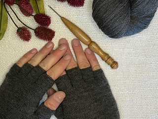 Plebeius Gloves - next to hook, yarn, and flowers